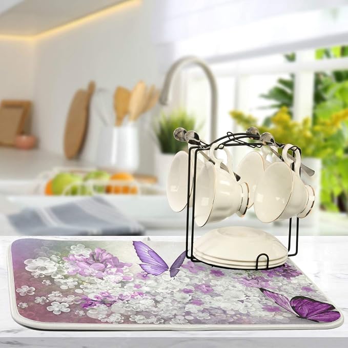 Butterflies Flowers Purple Dish Drying Mat for Kitchen, Absorbent Microfiber Drying Pad Dish Mat, 24" X 18"