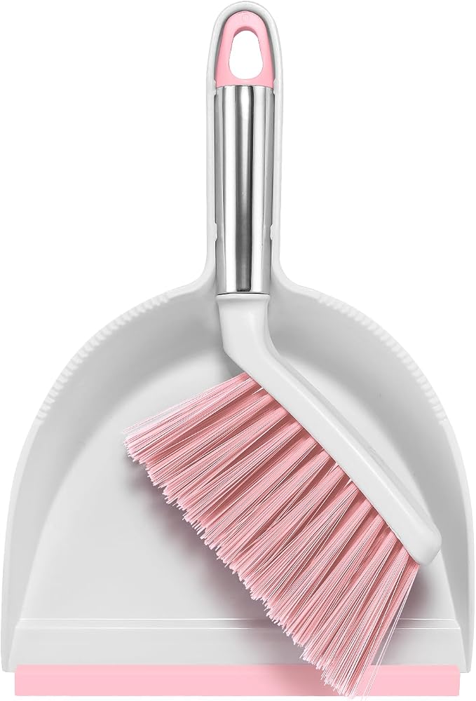 NACENA Mini Broom and Dustpan Set, Small Dust Pan and Brush Set,Pink | Dust Pan and Brush Set with Handle Dustpan Teeth for Cleaning Hair Suitable for Office Desks Drawers Sofas Outdoor Camping