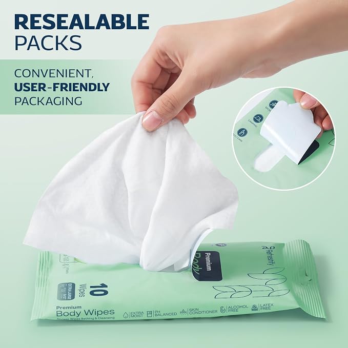 100 Large Shower Wipes – Body Wipes for Adults Bathing No Rinse – 10 Packs of 10 – Extra Moist Bath with Aloe & Vitamin E for Camping, Travel, Gym & Bedridden Care