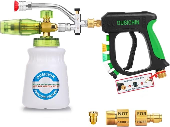 Pressure Washer Gun Foam Cannon Dual Connector Shift Valve, Car Wash Foam Cannon Kit 1/4 Inch Quick Connector 5 Pressure Washer Nozzle Tips Build-in Design Work with A Pressure Washer DUS2703