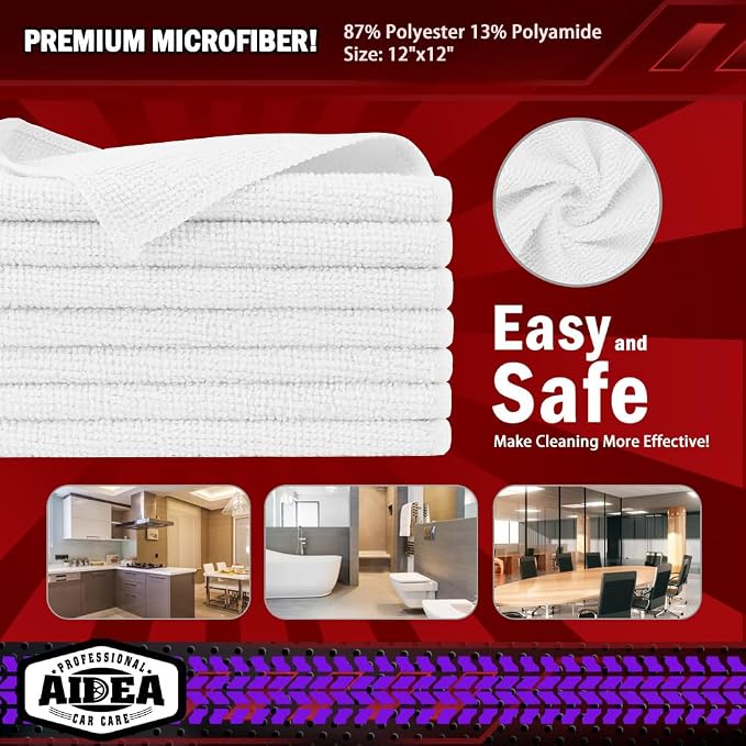 AIDEA Microfiber Cleaning Cloth White, 600PK, Microfiber Towels for Cars, Shop Towels Cleaning Rags, Premium Wash Cloths, Absorbent Towel for SUVs, House, Kitchen, Commercial, Cleaning Supplies 12×12"