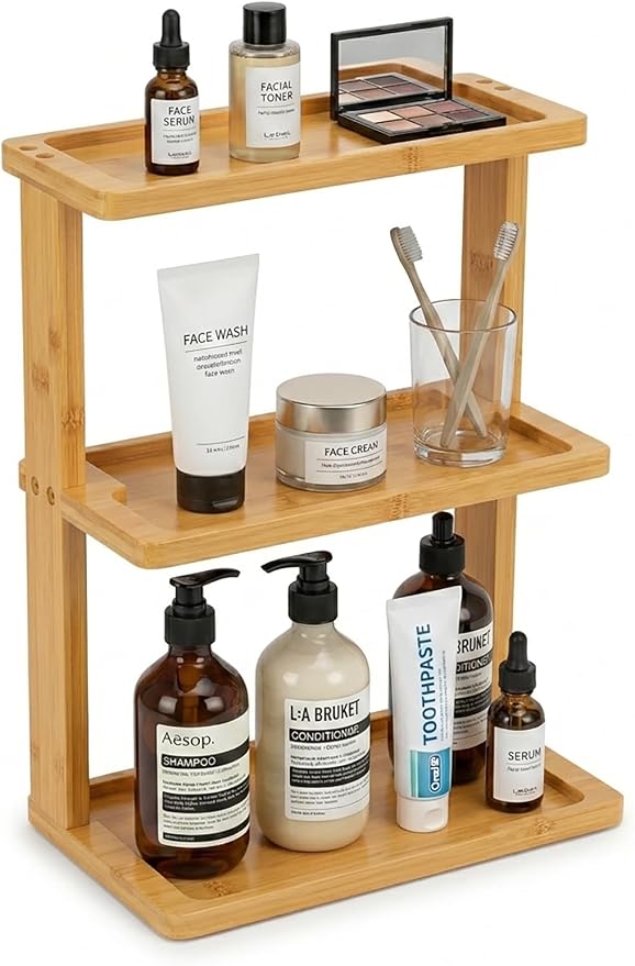 PEKER Bamboo Bathroom Organizer Countertop – Vanity Storage Shelf for Makeup, Perfume, Skincare – Natural Cosmetics Display Rack for Dresser, Sink, Kitchen – Natural