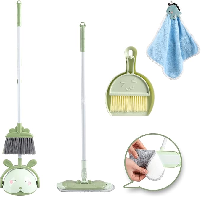 Midoneat Kids Cleaning Toy Set, Mini Child Broom, Mop and Dustpan, Little Housekeeping Helper Set ,Pretend Home Cleaning Play Set for Toddler Height 75-115cm,6pcs (Green)