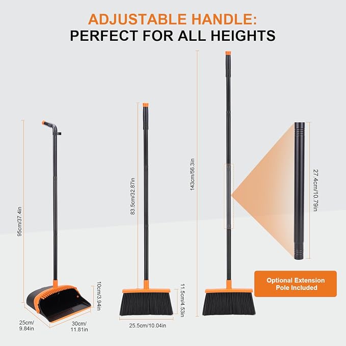 Broom and Dustpan Set - 56" Long Adjustable Handle Broom with Upright Standing Dustpan Combo for Home,Kitchen, Shopping Mall and Factory Indoor&Outdoor Sweeping