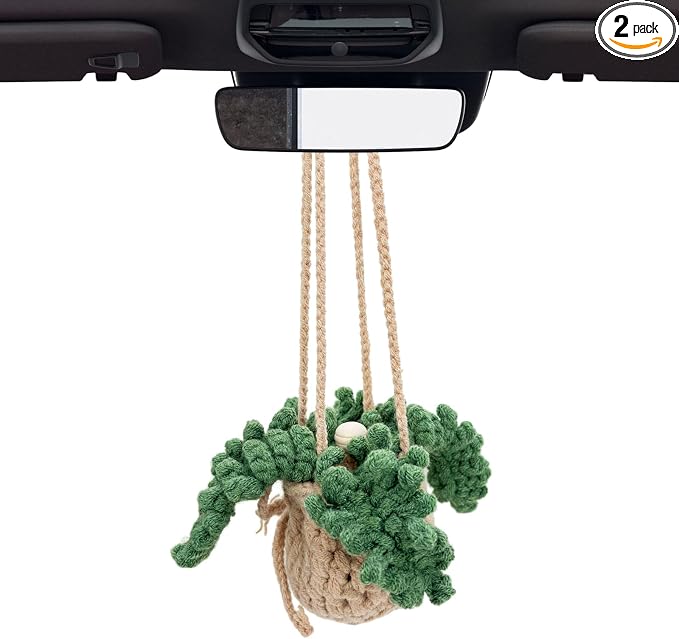 2 PCS Crochet Car Air Freshener, 12ml Empty Car Diffuser Bottle with Crochet Hanging Plant Basket, Hanging Fragrance Oil Diffuser for Car Interior Decor, Car Accessories