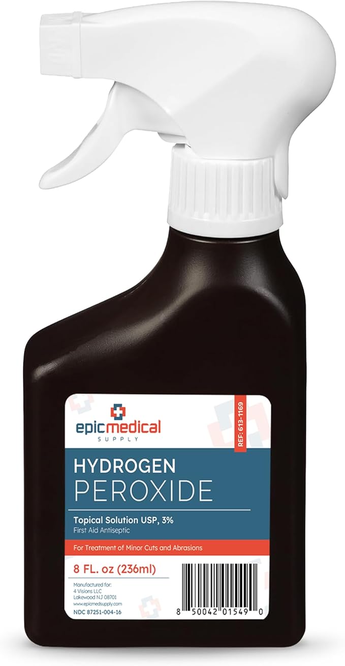 Epic Medical Supply Hydrogen Peroxide Spray 3% USP - First Aid Antiseptic for Cuts & Scrapes - Multi-Purpose Cleaner - 8oz / 236ml Trigger Spray Bottle (1)