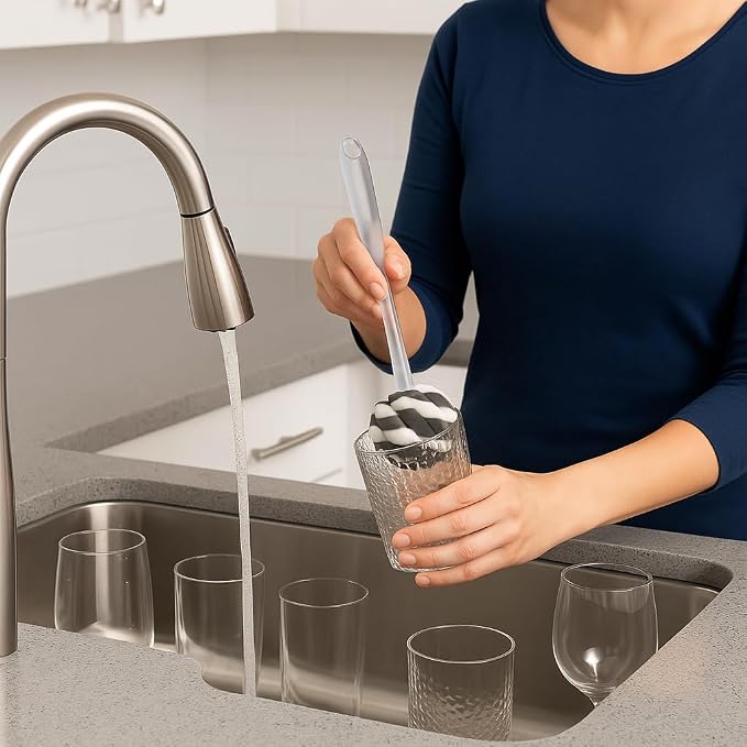 Glass Sponge Dish Brush with Handle – 11.5" Puff Head Kitchen Cleaning Brush for Glasses, Bottles, Dishes & Vases – Soft Layered Sponge with Ergonomic Clear Handle
