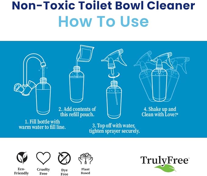 Truly Free Toilet Bowl Cleaner - Heavy-Duty Stain Remover - Septic Safe, Plant-Based Formula - Fresh Peppermint Scent - 16 oz Reusable Empty Bottle + Two Fills, 3 oz ea.