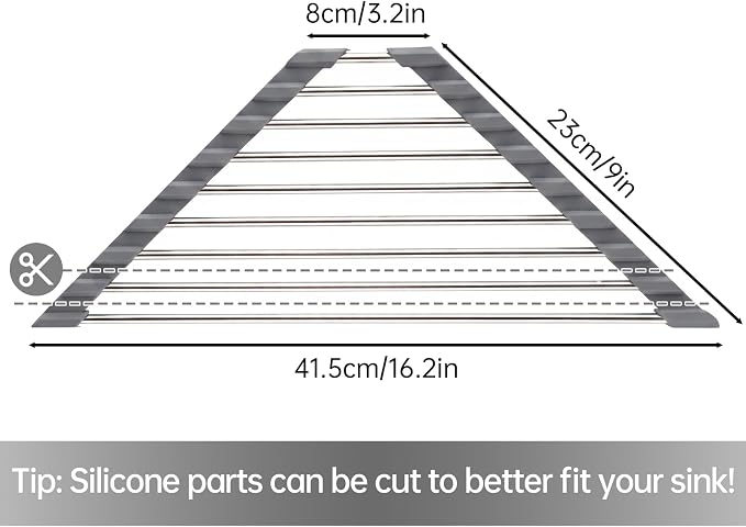 Tomorotec Stainless Steel Triangle Roll-Up Dish Drying Rack for Sink Corners - Foldable Over-The-Sink Multipurpose Kitchen Drainer, Trivet and Shelf - Space-Saving, Rustproof Organizer (Dark Gray)
