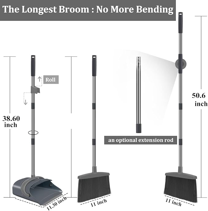 Ivandar Broom and Dustpan Set, Dust pan with Long Handle, Broom with Dustpan Combo Set, Broom and Dustpan for Home, Indoor or Outdoor Cleaning Tool (Deep Gray&Light Gray)