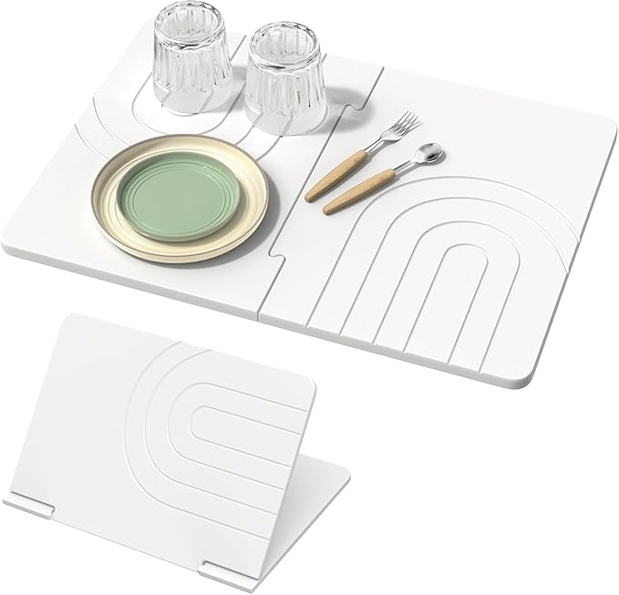 Luxspire Large Stone Drying Mat for Kitchen Counter 24"x16"- Fast-Absorbing Dish Drying Mat Non-Slip Stone Dish Drying Mat for Dishes, Cups Waterproof Counter Protector for Kitchen Bathroom, White