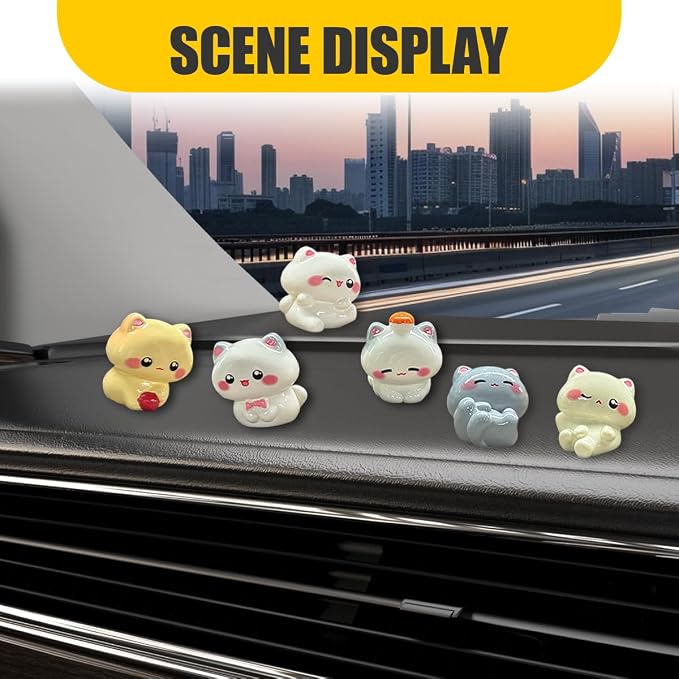 6PCS Cute Mini Cat Car Dashboard Decorations, Resin Cartoon Figurine Set for Rear View Mirror & Center Console Ornaments, Funny Car Interior Accessories for Home Office Desk (Kitten)