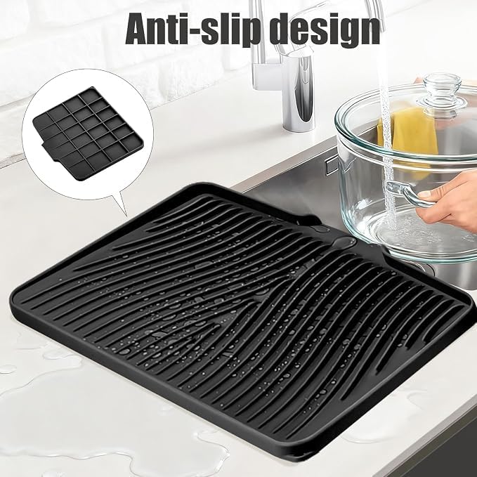 TIKNIK Silicone Dish Drying Mat for Kitchen Counter - Heat Resistant & Non-Slip Dish Drain Pad with Built-In Drain, Dishwasher Safe, Quick-Dry, Hangable & Roll-Up for Storage, Black-1pc, 16" x 12"