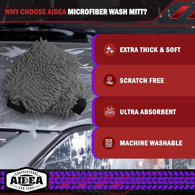 AIDEA Car Wash Mitt Microfiber, 2PK, Car Wash Brush, Grey, 7.12''X10.14'' | Scratch Free Lint Free Premium Chenille Microfiber Mitt, Cleaning Supplies, Regular Size