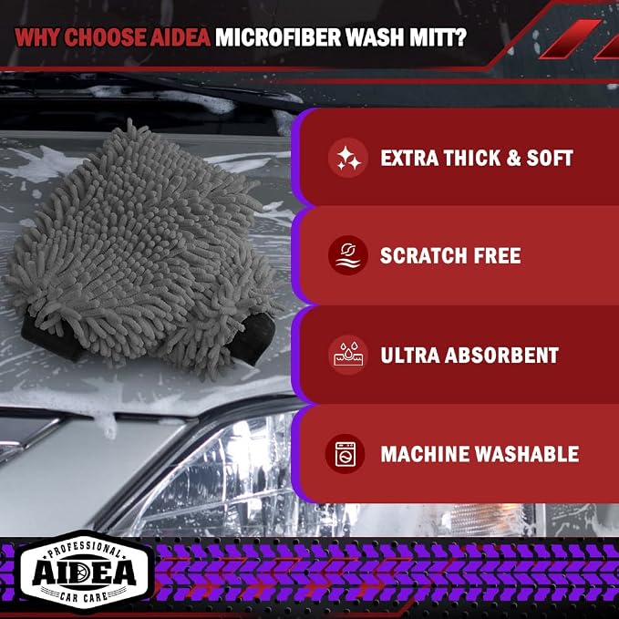 AIDEA Car Wash Mitt Microfiber, 1PK, Car Wash Brush, Grey, 7.12''X10.14'' | Scratch Free Lint Free Premium Chenille Microfiber Mitt, Cleaning Supplies, Regular Size