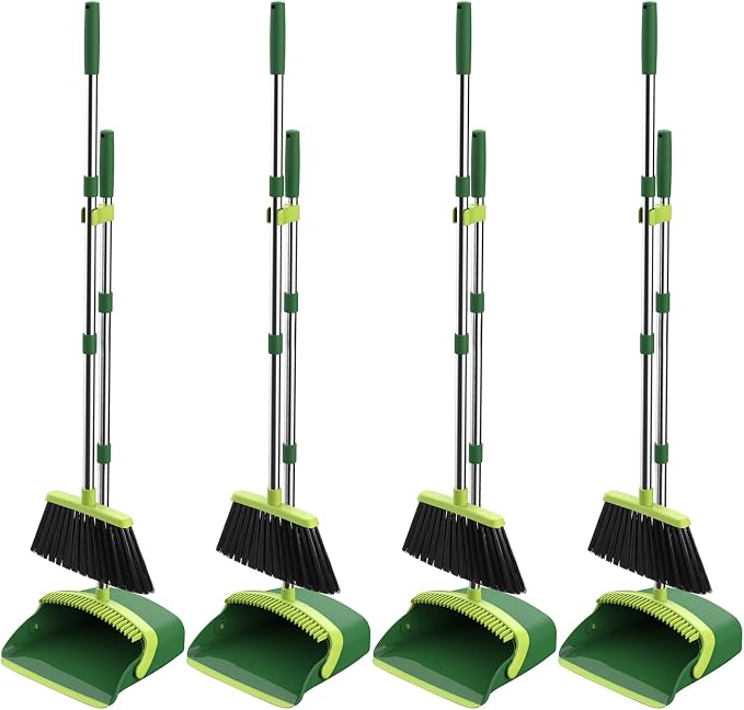 Broom and Dustpan Set, 52-in Long Adjustable Handle Broom Dustpan Combo with Dust pan Teeth to Automatically Clean Hair Suitable for Home Kitchen Office Hall Floor (Green), 4 Pack
