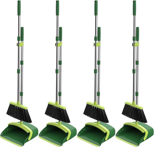 Broom and Dustpan Set, 52-in Long Adjustable Handle Broom Dustpan Combo with Dust pan Teeth to Automatically Clean Hair Suitable for Home Kitchen Office Hall Floor (Green), 4 Pack