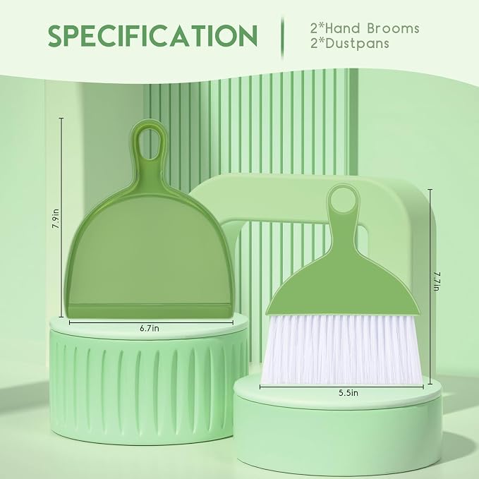 THINKLEARN 2PCS Small Dust Pan and Brush Set | Portable Mini Broom Dustpan Combo Set, Green Cleaning Supplies