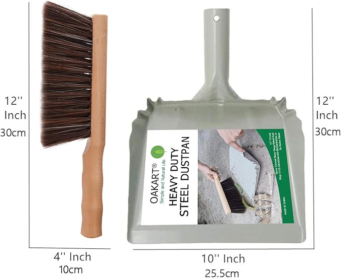 Metal Dust Pan and Brush Set Heavy Duty for Fireplace Garage Shop 9" Wide | Small Hand Broom and Dustpan for Woodstove Ash Cat Litter Outdoor Camping Soft Bristle Wooden Dusting Brush Indoor Cleaning