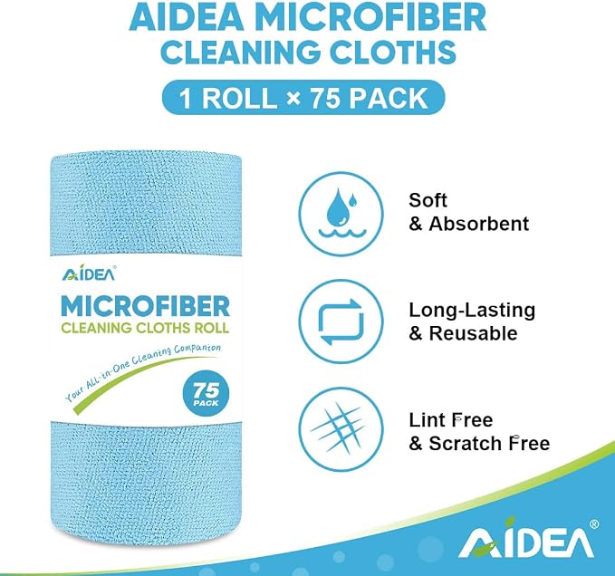 AIDEA Microfiber Cleaning Cloth Roll-75PK, Shop Rags Blue 11.5"×11.5" | Reusable Paper Towels Tear Away Cloth, Microfiber Towels, Lint Free Rags for House, Mechanic, Workshops