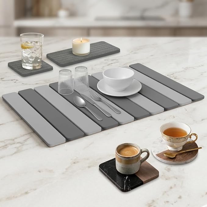 5 Pcs - Large Stone Dish Drying Mat for Kitchen Counter, Foldable Quick Dry Stone Dish Mat, Diatomaceous Earth Water Absorbing Pad 24"×16" & 2*8"x4" with 2 Coasters (Dark Grey + Grey)