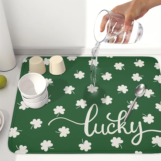St Patricks Day Lucky Clover Dish Drying Mats for Kitchen Counter Green White Shamrock Dish Drying Pad St Patrick Microfiber Absorbent Reusable Washable Large Dishes Drying Mat 18x24 Inch
