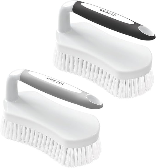 Amazer Scrub Brush for Cleaning Comfort Grip Bathtub Scrubber Stiff Bristles with Handle Heavy Duty Shower Cleaner Brush for Tub Carpet Floor Sink Outdoor - Pack of 2 (Black+Grey)