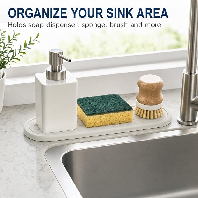 Razborci 2PCS Water Absorbing Stone Drying Tray Mat for Bathroom Sink & Kitchen Counter Faucet Organizer Decor, Quick Dry Dish Soap Dispenser Sponge Holder, Vanity Sink Caddy Coaster,White -10"*3.8"