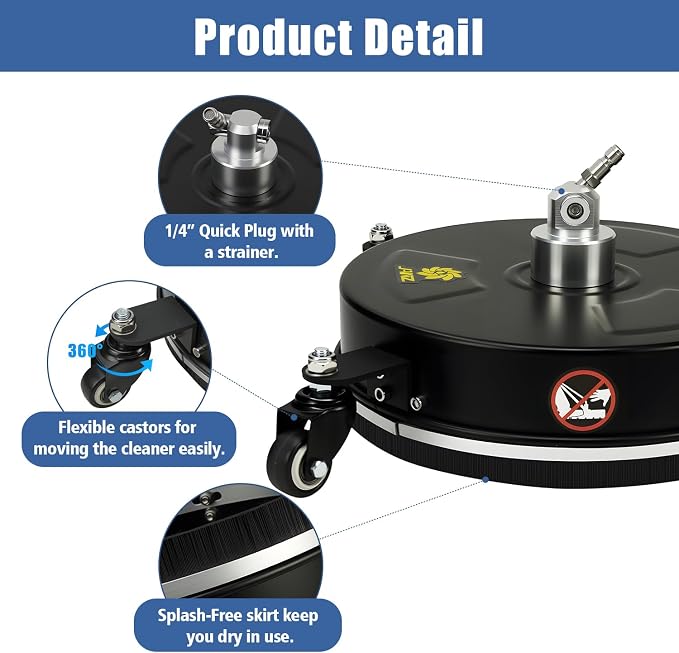 JANZ 14'' Black Pressure Washer Surface Cleaner | 4 Wheels, Stainless Steel Housing, 1/4" Quick Plug, 2 Extension Wands, 2 Replacement Nozzles and 3 Spray Nozzles,4000 PSI