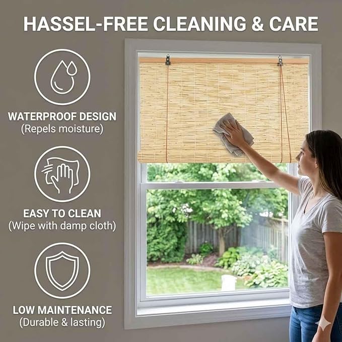 Bamboo Shades for Outdoor Patio, Natural Reed Roller Blinds for Indoor Windows, Retro Cordless Shades 20 22 27 30 36 48 72in Outside Privacy Bamboo Roll Up Shades(Brown,26" W x 84" H)