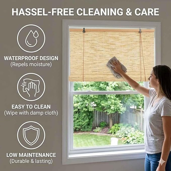 Bamboo Shades for Outdoor Patio, Natural Reed Roller Blinds for Indoor Windows, Retro Cordless Shades 20 22 27 30 36 48 72in Outside Privacy Bamboo Roll Up Shades(Brown,22" W x 72" H)