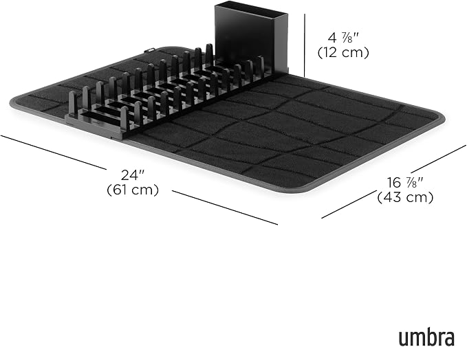 Umbra UDry Dish Drying Rack with Mat – Kitchen Countertop Dish Drainer & Absorbent Microfiber Drying Mat, Foldable Dish Rack Organizer for Plates, Cups & Utensils, Black