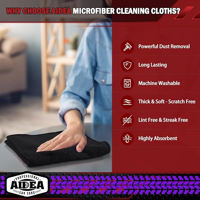 AIDEA Microfiber Cleaning Cloth-10PK, Black Microfiber Towels,12×12" | Microfiber Towels for Cars, Wash Cloths, Lint Free Cleaning Rags for SUVs, House, Kitchen, Window, Car Cleaning Wipes
