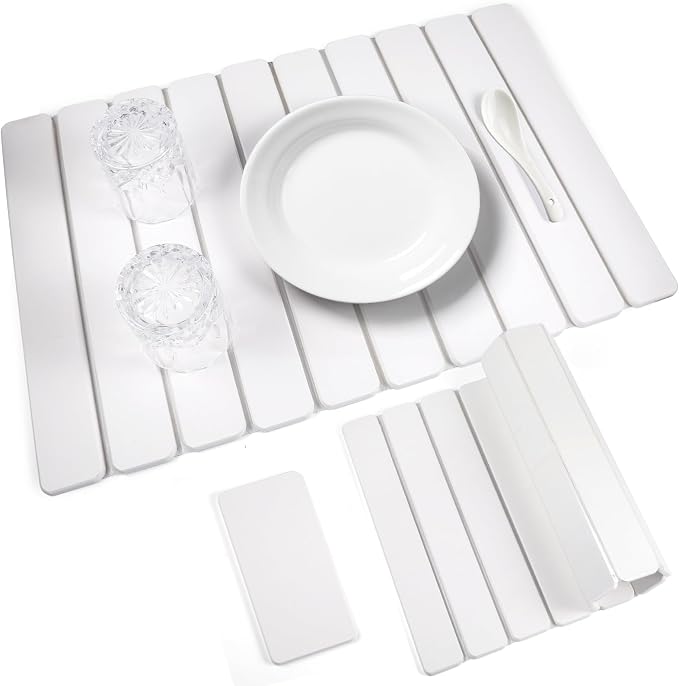2 PCS Quick Dry Stone Dishes Mats for Kitchen Counter,Collapsible Quick Drying Dish Mats,Ultra Absorbent Diatomaceous Earth Mats for Dishes Bottles Cups, Match Any Countertop（White 24"×16"& 8"x4"）