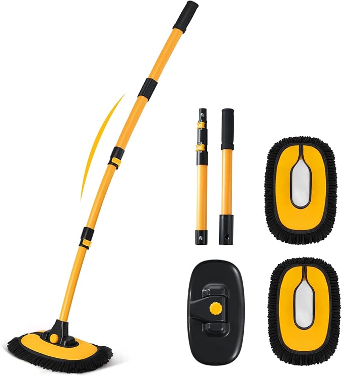 Ordenado 57" Car Wash Brush with Long Handle, 15°Curved Chenille Microfiber Car Wash kit with Extension Pole & Replacement Head, RV Car Cleaning Washer, Scratch-Free Mop for Truck, SUV, Boat