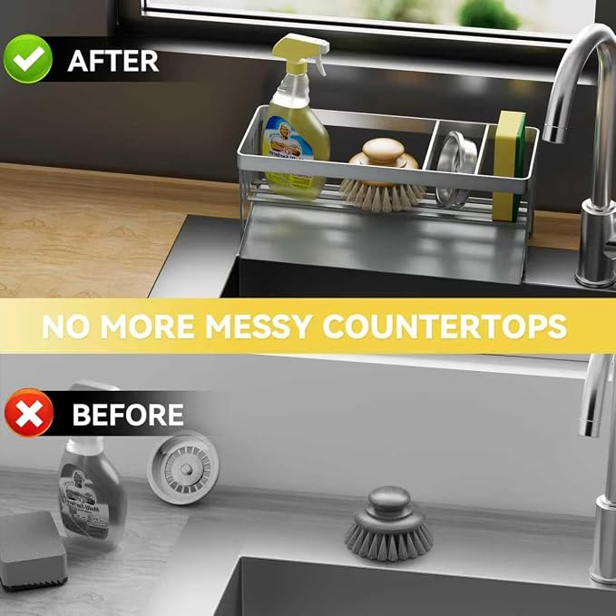 Kitchen Sink Caddy Organzier with Sponge Holder and Removable Drip Tray for Kitchen Sink, 304 Stainless Steel Organize for Sponge Soap Dish Brush Storage Accessories(Silver)