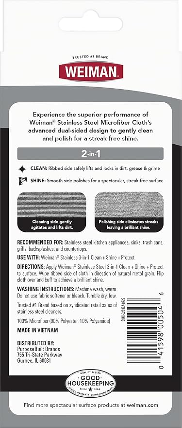 Weiman Microfiber Cloth for Stainless Steel - Safely Traps and Removes Dirt, Oil and Grime to Protect From Scratches 1.40" x 3.56"