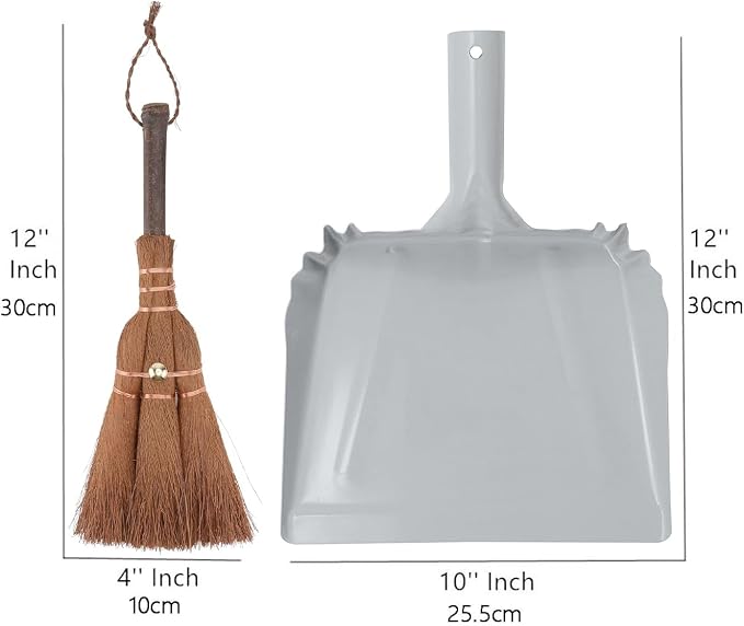 Small Metal Dust Pan and Brush for Fireplace, Garage, Shop, 9" Wide | Heavy duty dustpan for outdoor indoor camping rv, Natural soft hand broom for bench counter woodworking woodstove anti-static