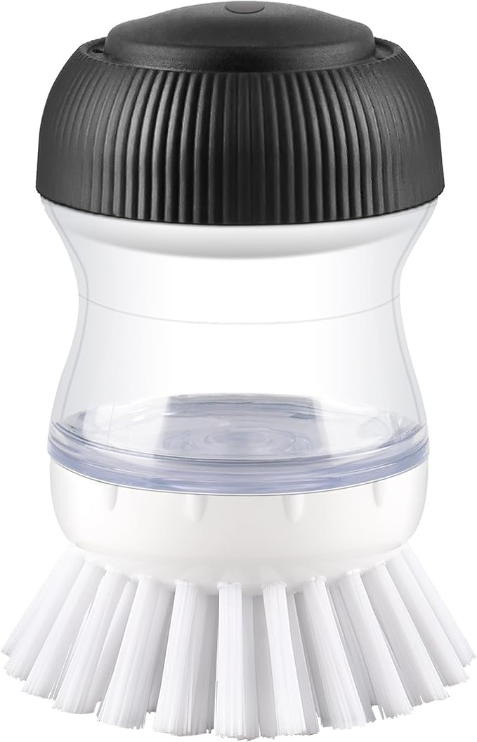 OYV Dish Scrub Brush with Soap Dispenser, Kitchen Brush for Dish Pot Pan Sink Cleaning, 1 Piece Soap Dispensing Palm Brush, Black/Clear/White