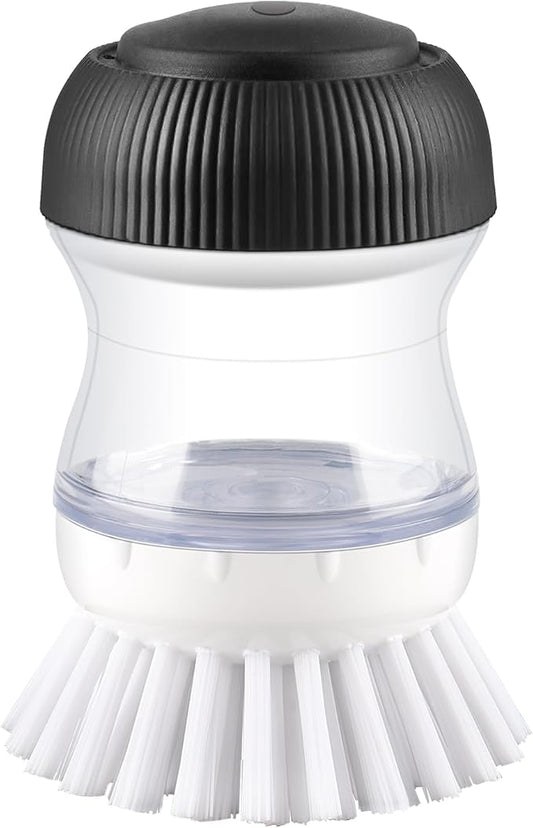 OYV Dish Scrub Brush with Soap Dispenser, Kitchen Brush for Dish Pot Pan Sink Cleaning, 1 Piece Soap Dispensing Palm Brush, Black/Clear/White