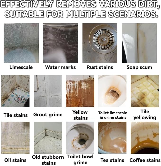 Hard Water Stain Remover, Shower Glass Cleaner Soap Scum Remover, Limescale Buildup Remover All-Purpose Bathroom Cleaner, for Glass, Shower Doors, Tiles, Toilet, Tub, Sink & Water Pipes (1PC)