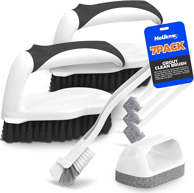 Holikme 7 Pack Cleaning Brush Scrub Brush Kitchen Brush for Floor,Black | Deep Cleaning Brush Set, Scrub Pads with Scraper Tip for Pool Walls, Bathroom, Grout, Floor, Bike, Tub, Shower