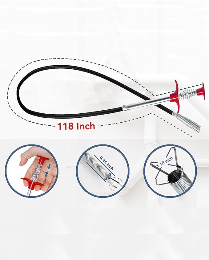 118" Drain Snake Hair Remover Tool, Flexible Clog Remover with 4-Claw Grabber, Long Reach Drain Cleaning Tool for Sink, Bathtub, Shower, Toilet and Tight Spaces