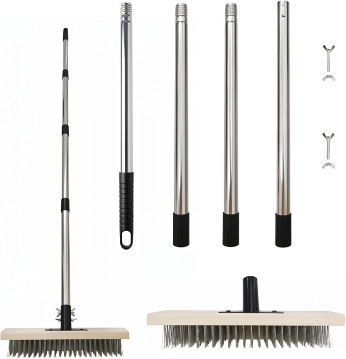 Wire Broom, Stainless Steel Scrub Brush with 59in Handle | Heavy duty wire brush removes weeds and moss from patios, decks, concrete, gardens, and garages. (59in)
