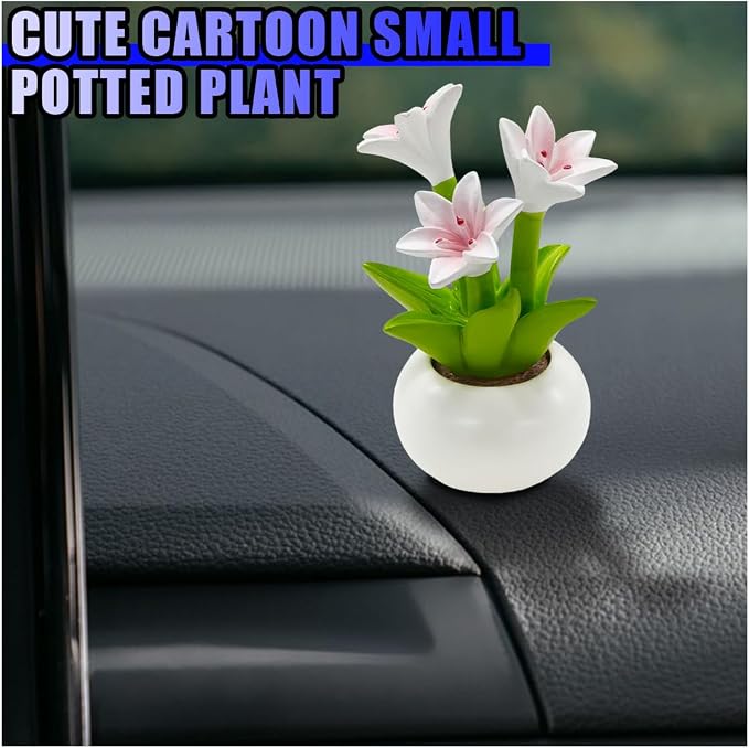 Mini Flower Car Dashboard Decoration - Cute Potted Plant Resin Figurines Car Desk Center Console Decoration - Aesthetic Auto Interior Ornament Accessories Funny Presents for Women (Lily)