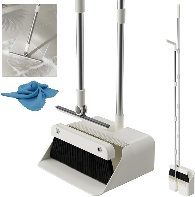 Magnetic Broom and Dustpan Set with Silicone Broom Squeegee, 55'' Broom with Dustpan Combo Set Self-Cleaning Teeth Design Upright Standing Dustpan Blue Microfiber Cloth for Indoor Floor Home Kitchen