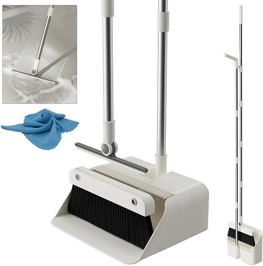 Magnetic Broom and Dustpan Set with Silicone Broom Squeegee, 55'' Broom with Dustpan Combo Set Self-Cleaning Teeth Design Upright Standing Dustpan Blue Microfiber Cloth for Indoor Floor Home Kitchen