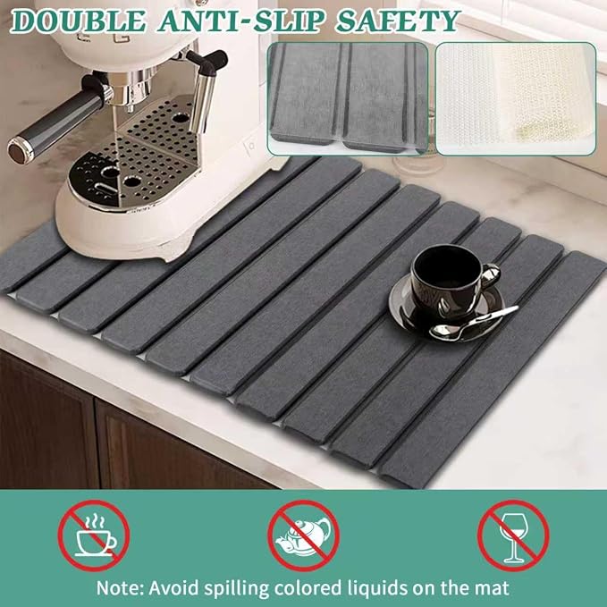 Stone Dish Drying Mat for Kitchen Counter, 24''×15'' Dishes Drying Matt Kitchen Counter, Absorbent Diatomaceous Earth Bath Quick Dry Mats for Tableware, Bottles and Cup(Dark Grey)
