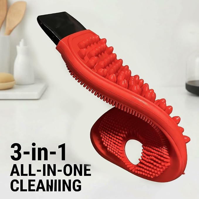 FlexiClean 3-in-1 Silicone Dish Sponge - BPA-Free Food-Grade Cleaning Brush with Dual-Sided Scrubber & Scraper, Hanging Hole Fast-Dry Reusable for Dishes/Fruits/Vegetables (Red 2PCS)