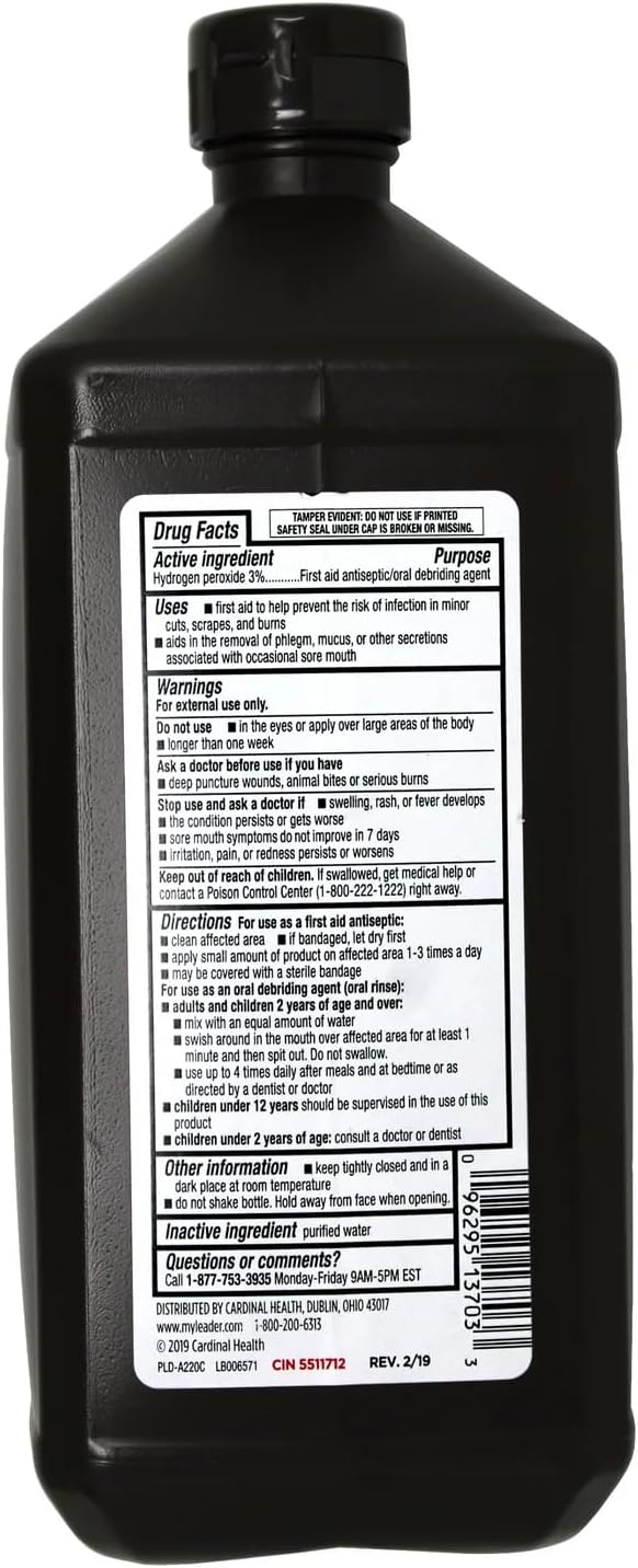 LEADER Hydrogen Peroxide 3% Topical Solution, First Aid Antiseptic (Refill, 16 fl oz (12-Pack))